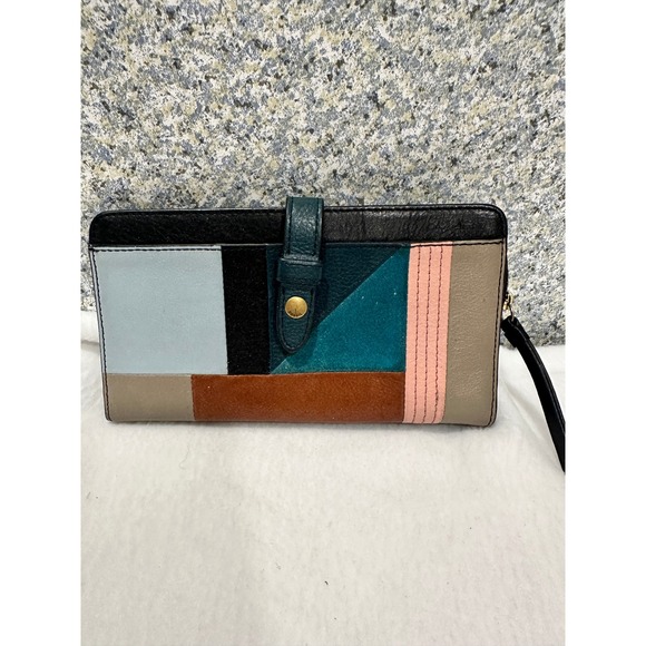 Fossil Clutch Wallet Patchwork Leather Wristlet Zip Around - Picture 1 of 7